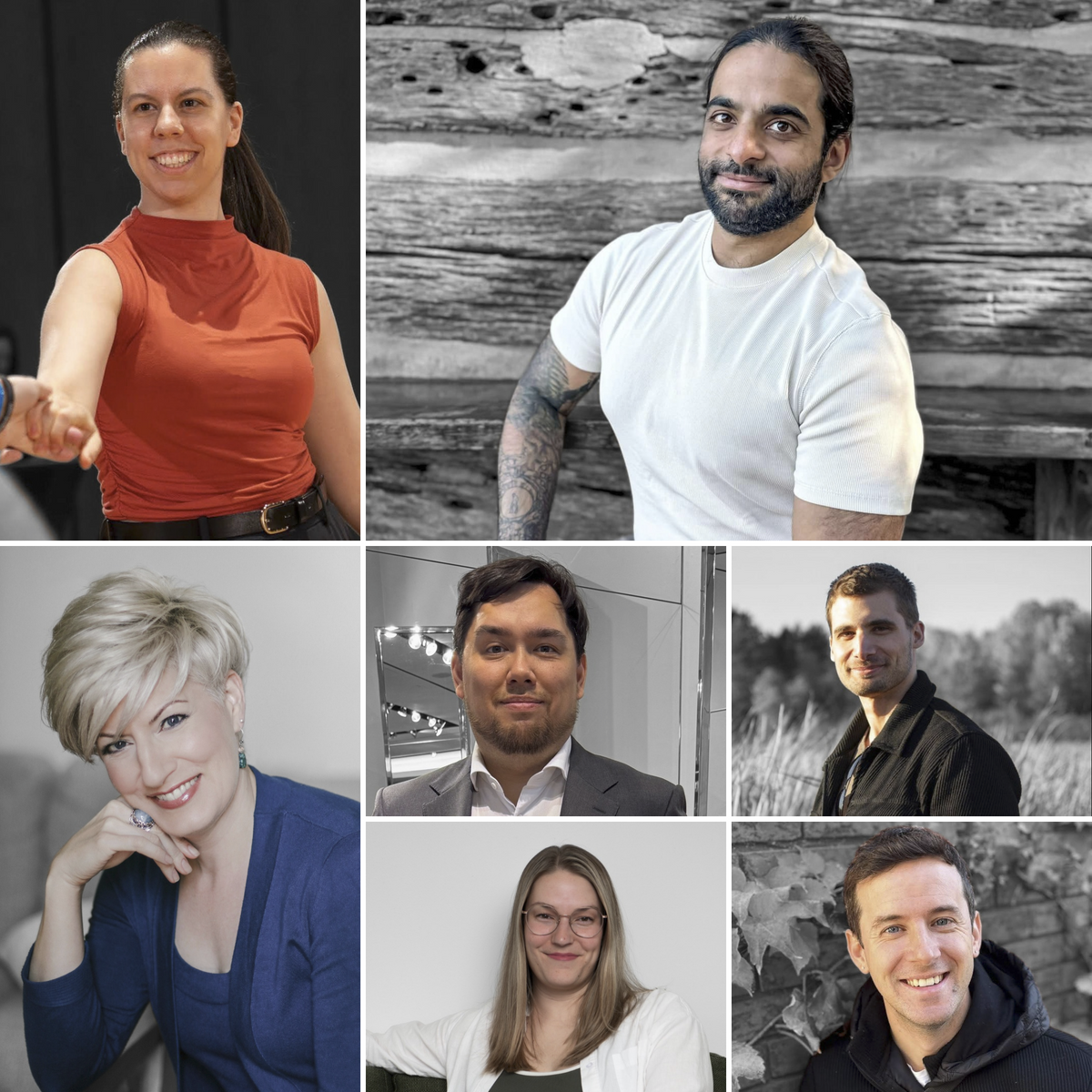 A 3x2 grid collage of six professional headshots of people, including a woman in a rust-orange sleeveless top, a man in a white t-shirt, a woman with short blonde hair in a blue top, a man in a gray suit, a woman in a white cardigan, and a man in a black hoodie, set against various studio and outdoor backgrounds.